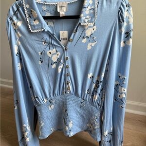 Anthropologie Maeve Top Blue Long Sleeve Button Blouse Lace Trim Size Small NWT